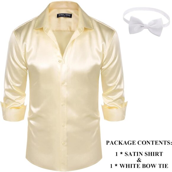 Men's Shiny Satin Dress Shirts Long Sleeve Button Down Silk Shirt with Bow Tie - Picture 5 of 8